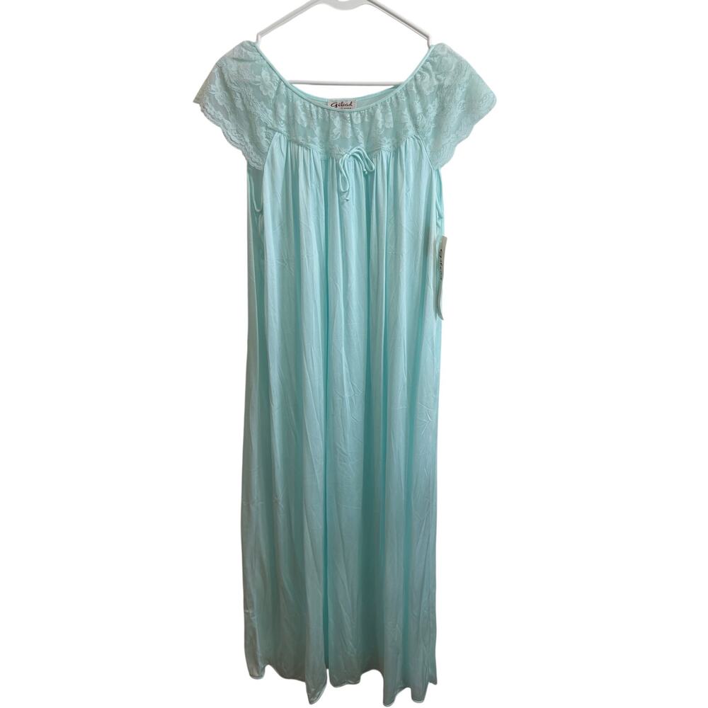 Vintage Deadstock NWT Gilead Nightgown Blue Teal Sz M USA Lace Cottage Core